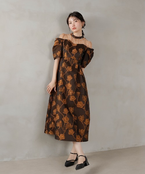 Kana ドレス ジャガード 花柄 チュール オフショル風 Aライン