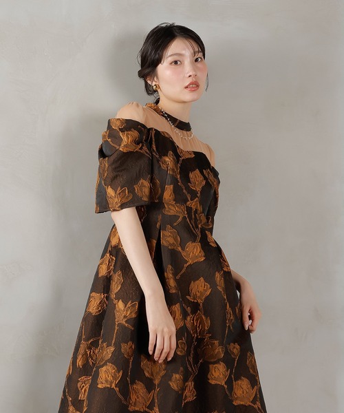 Kana ドレス ジャガード 花柄 チュール オフショル風 Aライン