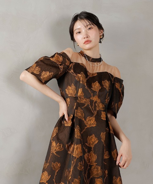 Kana ドレス ジャガード 花柄 チュール オフショル風 Aライン