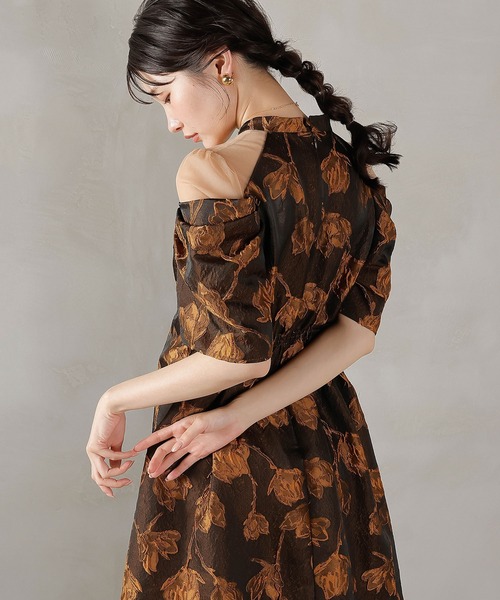 Kana ドレス ジャガード 花柄 チュール オフショル風 Aライン