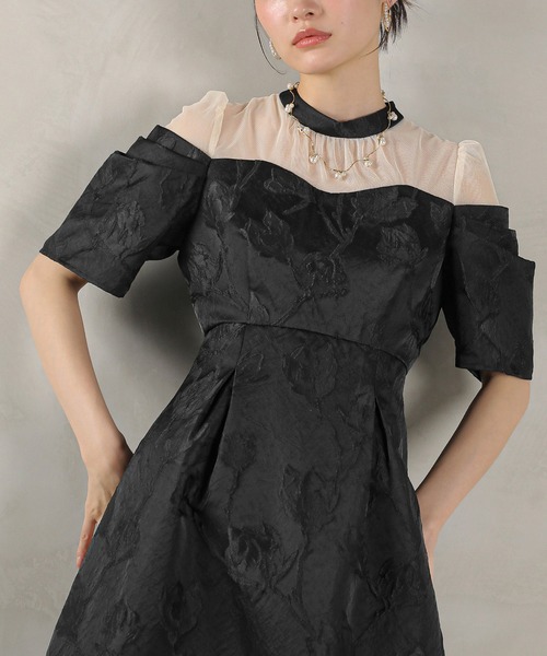 Kana ドレス ジャガード 花柄 チュール オフショル風 Aライン