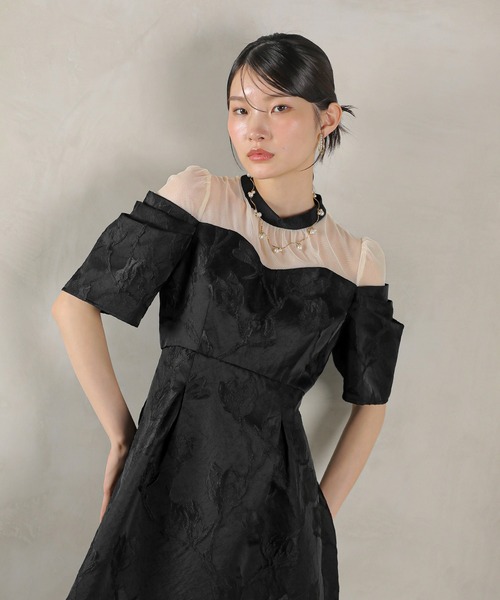 Kana ドレス ジャガード 花柄 チュール オフショル風 Aライン