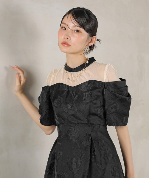 Kana ドレス ジャガード 花柄 チュール オフショル風 Aライン