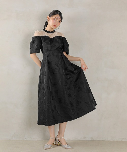 Kana ドレス ジャガード 花柄 チュール オフショル風 Aライン