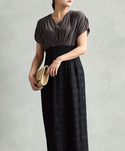 AIMER（エメ） ドレス 割繊サテン×ラッセルレースハイウエストタイト