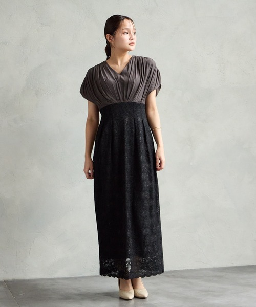 AIMER（エメ） ドレス 割繊サテン×ラッセルレースハイウエストタイト