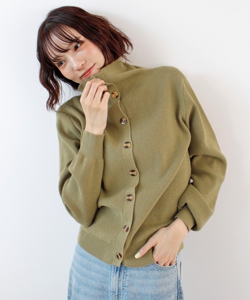 ニット セーター ボタンデザイン2WAYハイネックニット レディース