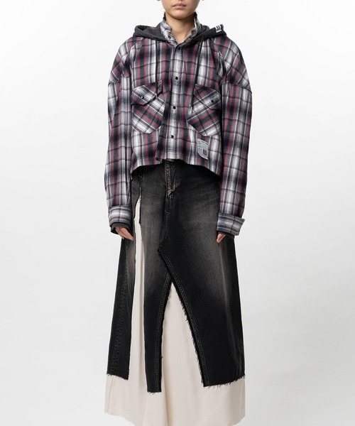 ブラウス シャツ Hoodie Combine Checkered Shirt レディースの画像