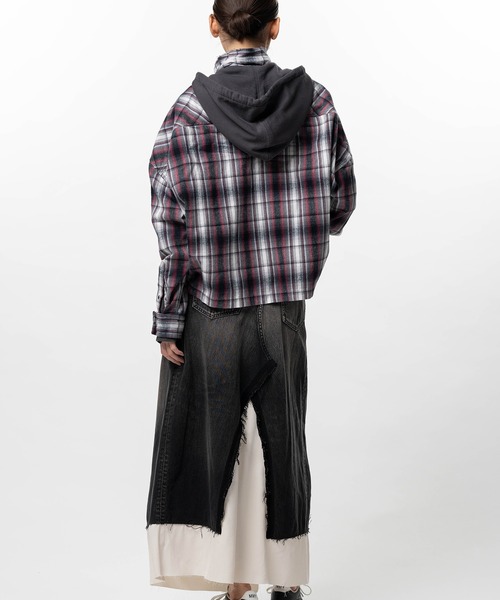 ブラウス シャツ Hoodie Combine Checkered Shirt レディースの画像