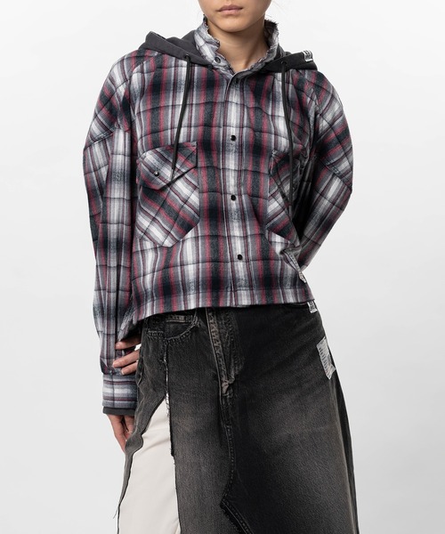ブラウス シャツ Hoodie Combine Checkered Shirt レディースの画像
