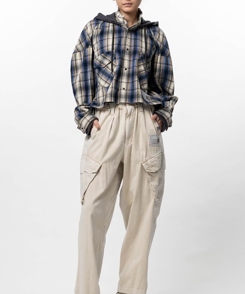 ブラウス シャツ Hoodie Combine Checkered Shirt レディースの画像