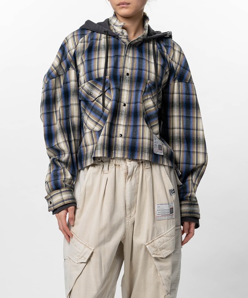 ブラウス シャツ Hoodie Combine Checkered Shirt レディースの画像