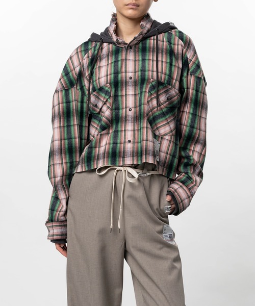 ブラウス シャツ Hoodie Combine Checkered Shirt レディースの画像