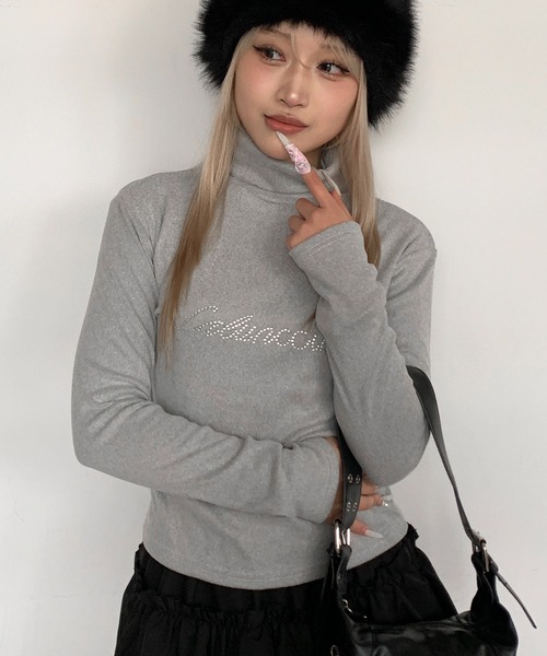 lilful tシャツ ラインストーンロゴ ハイネックピチT レディース