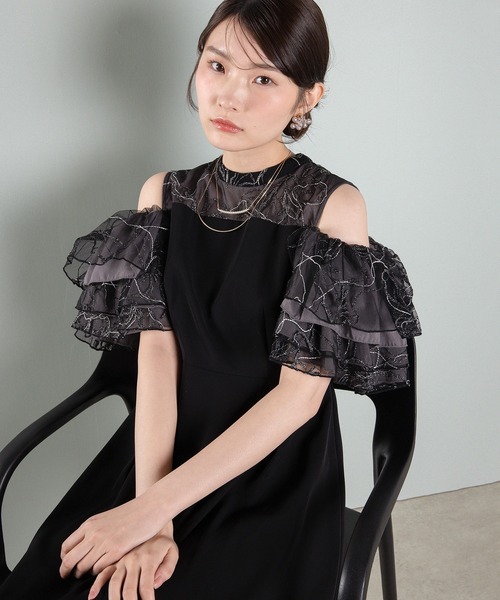 ドレス チュールラメ刺繍 オフショル Aラインワンピース ドレス 結婚式 お呼ばれ オケージョンの画像