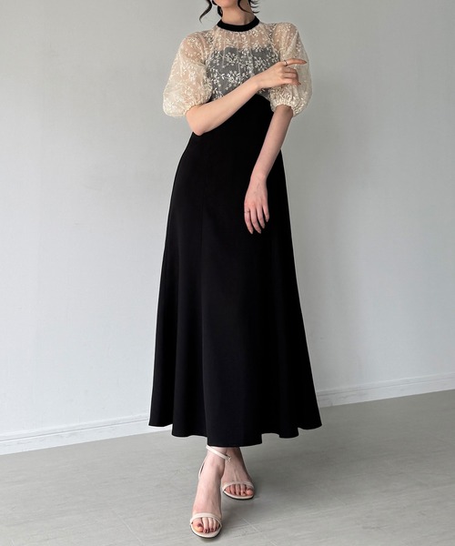 JUNOAH（ジュノア） ワンピース 半袖 バルーンスリーブマーメイド 