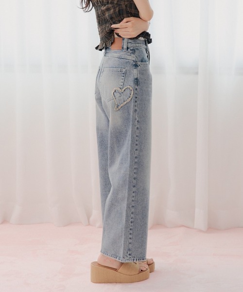 ジーンズ デニム デニムパンツ ポケットデザインワイドデニム レディースの画像