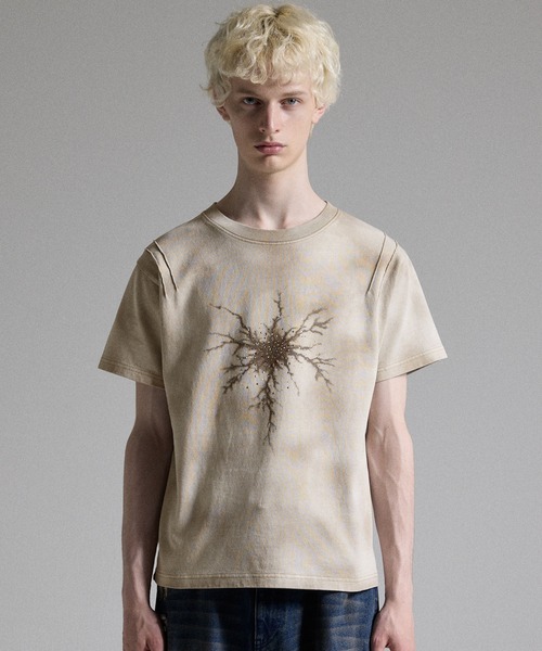 GRANCY　ラインストーンクラックダーティ半袖Tシャツ　ベージュ&ブラック　S GRANCY tシャツ 「GRANCY」Rhinestone Crack Dirty Half-sleeve T