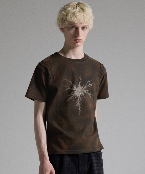 GRANCY tシャツ 「GRANCY」Rhinestone Crack Dirty Half-sleeve T
