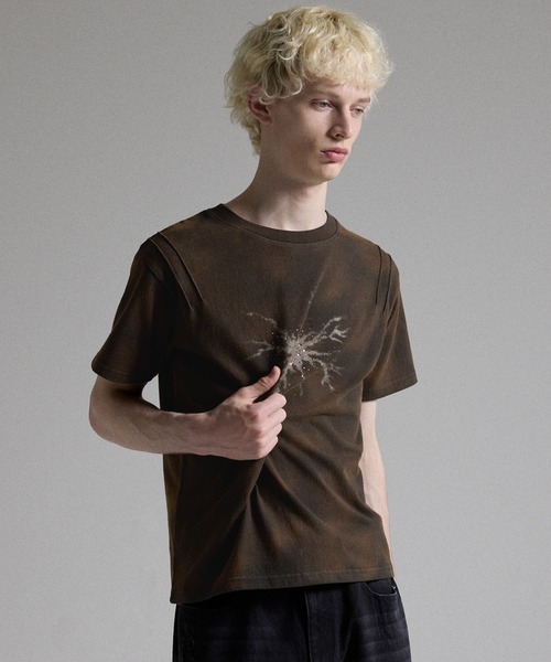 GRANCY tシャツ 「GRANCY」Rhinestone Crack Dirty Half-sleeve T
