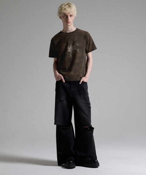 GRANCY ラインストーンクラックダーティ半袖Tシャツ Lサイズ GRANCY tシャツ 「GRANCY」Rhinestone Crack Dirty Half-sleeve T