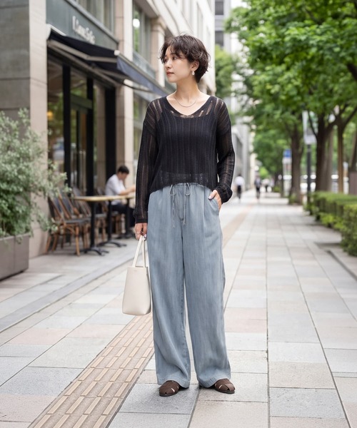ワイドパンツ ジーンズ デニム デニムパンツ 涼しいテンセルデニム風ギャザーパンツ レディースの画像