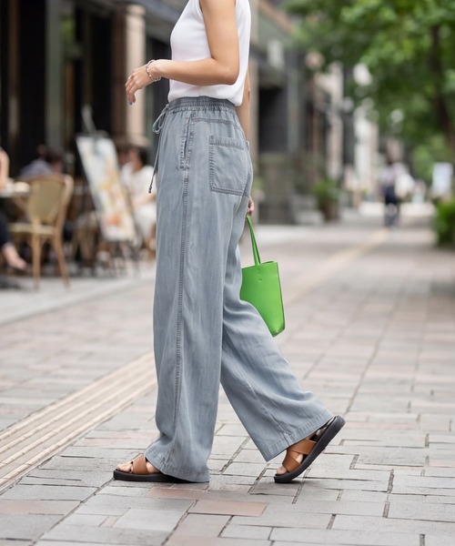 ワイドパンツ ジーンズ デニム デニムパンツ 涼しいテンセルデニム風ギャザーパンツ レディースの画像