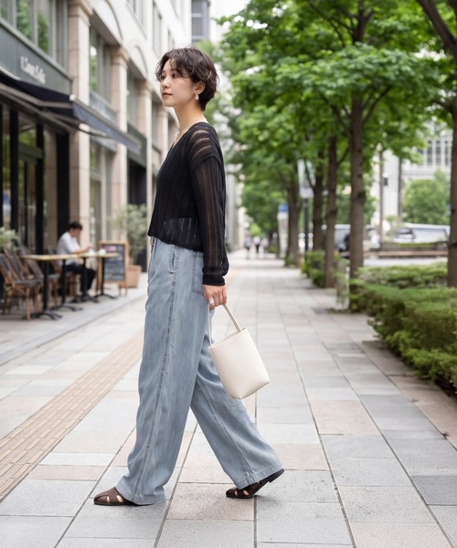 ワイドパンツ ジーンズ デニム デニムパンツ 涼しいテンセルデニム風ギャザーパンツ レディースの画像
