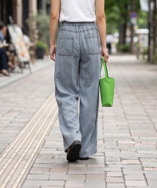 ワイドパンツ ジーンズ デニム デニムパンツ 涼しいテンセルデニム風ギャザーパンツ レディースの画像
