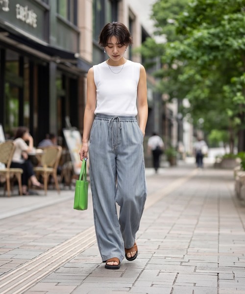 ワイドパンツ ジーンズ デニム デニムパンツ 涼しいテンセルデニム風ギャザーパンツ レディースの画像