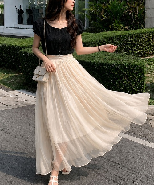Dewlily ロング スカート 動くたび上品に揺れる サテン風フレアロング