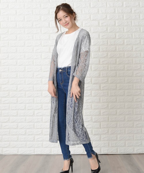Lace Ladies カーディガン 花柄総レースロング丈カーディガン
