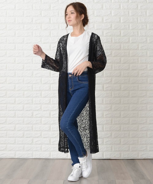 Lace Ladies カーディガン 花柄総レースロング丈カーディガン