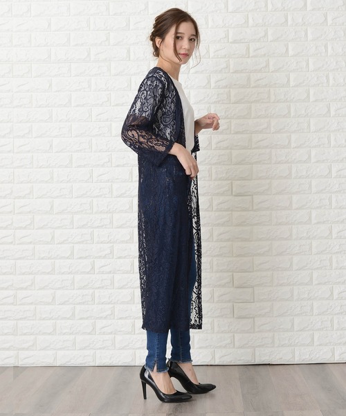 Lace Ladies カーディガン 花柄総レースロング丈カーディガン