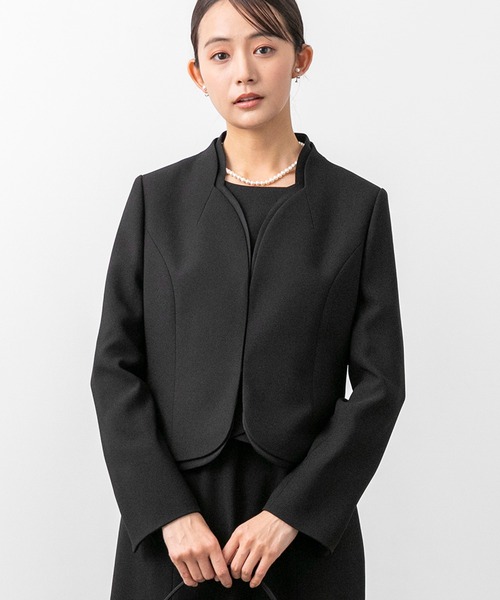 セレモニースーツ セットアップ 「喪服」「前ファスナー」スタンドカラージャケット＆セミフレアワンピース　ブラックフォーマルスーツ/シルエット美人の画像