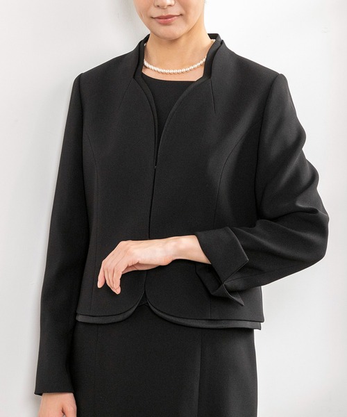 セレモニースーツ セットアップ 「喪服」「前ファスナー」スタンドカラージャケット＆セミフレアワンピース　ブラックフォーマルスーツ/シルエット美人の画像