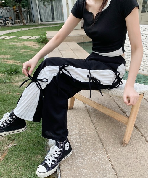 パンツ サイドリボン スリット プリーツ ストレートパンツ レディース