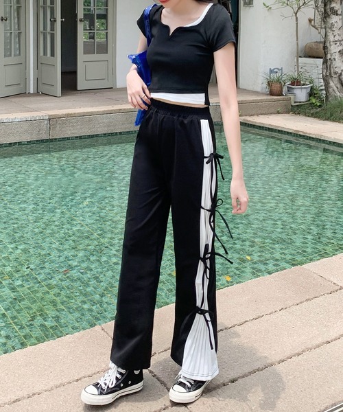 パンツ サイドリボン スリット プリーツ ストレートパンツ レディース