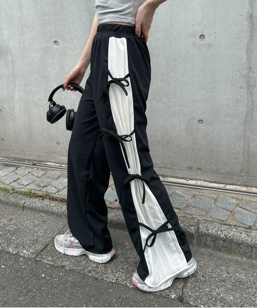 パンツ サイドリボン スリット プリーツ ストレートパンツ