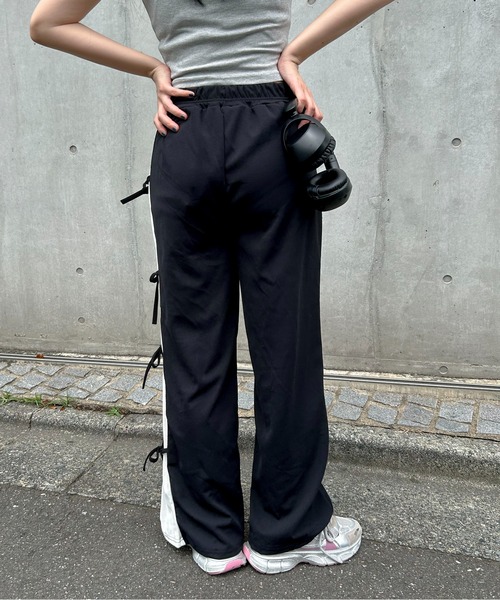 パンツ サイドリボン スリット プリーツ ストレートパンツ