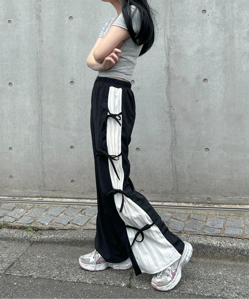 パンツ サイドリボン スリット プリーツ ストレートパンツ