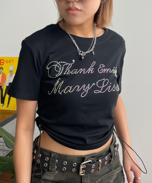 tシャツ TSSWEET ブルーチェリー グラフィック　ミニTシャツ ブラック レディース SETUP7 tシャツ 「H by Figer」フラッグミニロゴ半袖Tシャツ