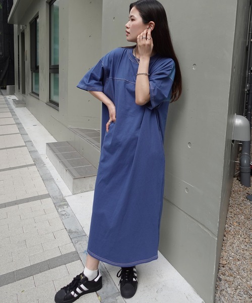 無地半袖ワンピースゆったりオーバーサイズ CORNERS ワンピース 配色ステッチオーバーサイズ半袖Tシャツ