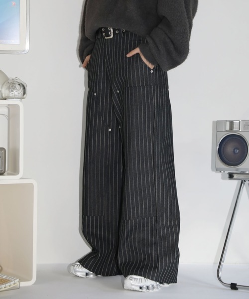 パンツ ワイドストレートリベットダブルニーパンツストライプ メンズ