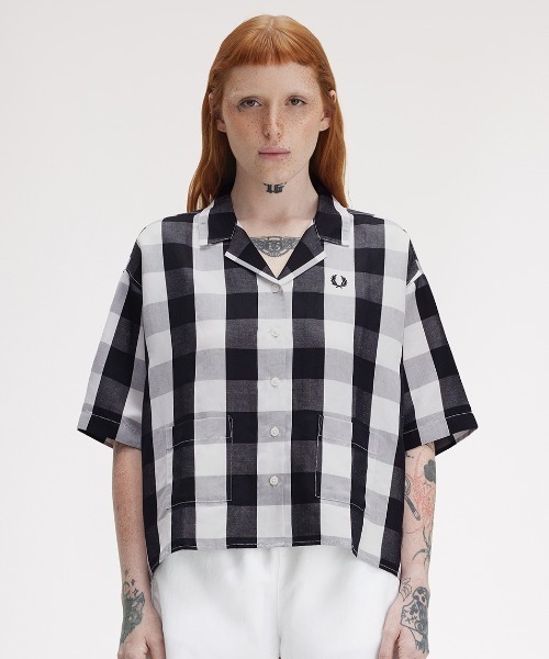 フレッドペリー モノクローム チェック シャツ FRED PERRY G9193 レディース オープンカラー 開襟 Monochrome Check Shirt(10 100：WHITE): | FRED PERRY JAPAN