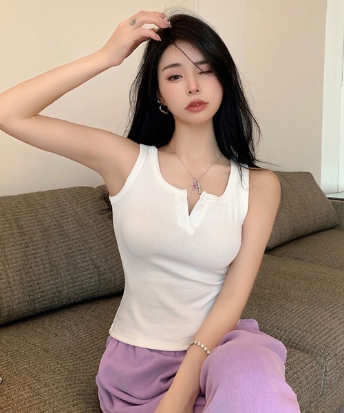 2ly2 タンクトップ ノースリーブ シンプル＆セクシー♪ヘンリーネック