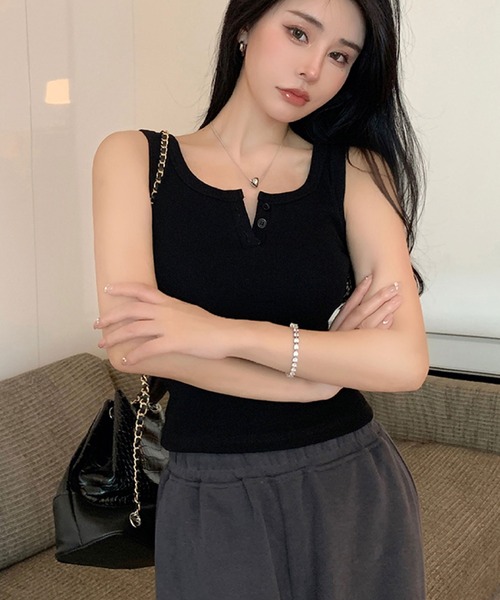 2ly2 タンクトップ ノースリーブ シンプル＆セクシー♪ヘンリーネック