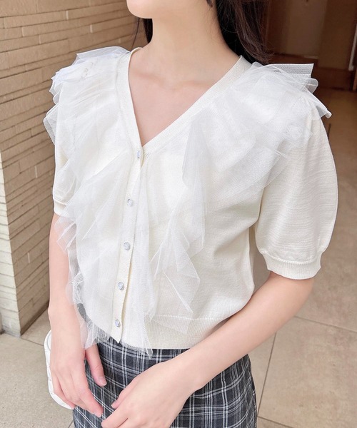 INGNI（イング） カーディガン 半袖 チュールフリル半袖ニット