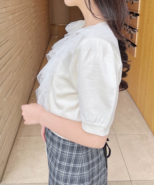 INGNI（イング） カーディガン 半袖 チュールフリル半袖ニット