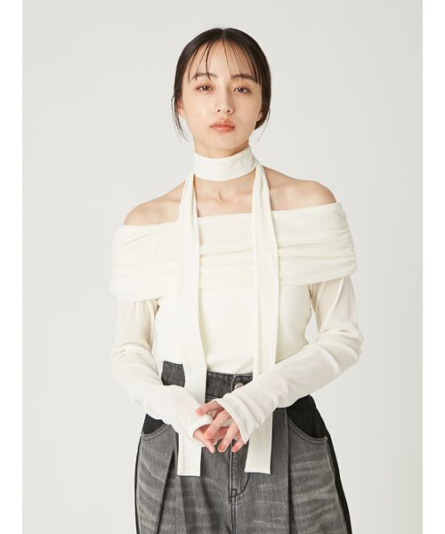 FRAY I.D tシャツ オフショルフロッキーチュールトップス